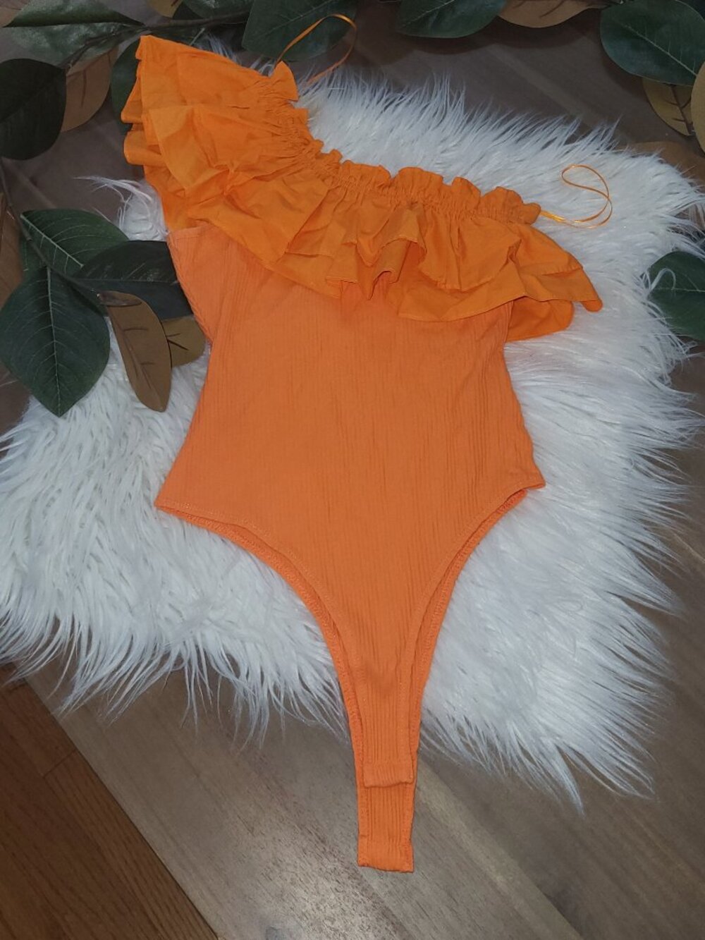 Flying Tomato Bright Orange One Shoulder Ruffle Bodysuit One Piece Top M cotton